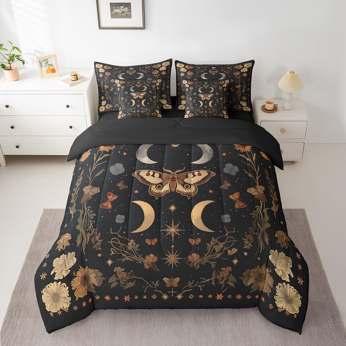 Feelyou 7 Piece Death Moth Bed in a Bag Queen for Boys Kids Boho Butterfly Sheet Set,Moth Flower for Girls Women Rustic Garden Bedding Set with Comforter Moth Flower Cushion Covers