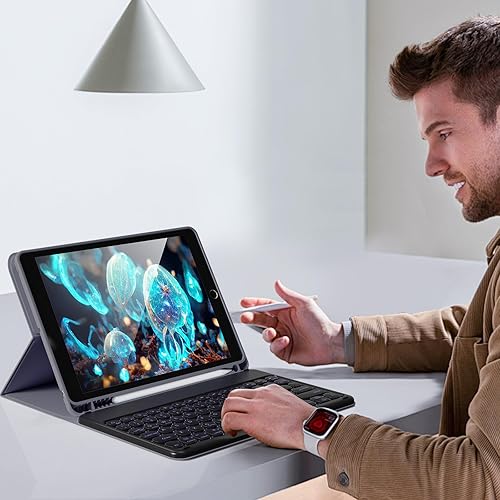 Miniatura 87 de aoub Funda para iPad de 9ª/8ª/7ª generación de 10.2 pulgadas, funda de teclado Bluetooth inalámbrica desmontable, funda trasera de TPU suave