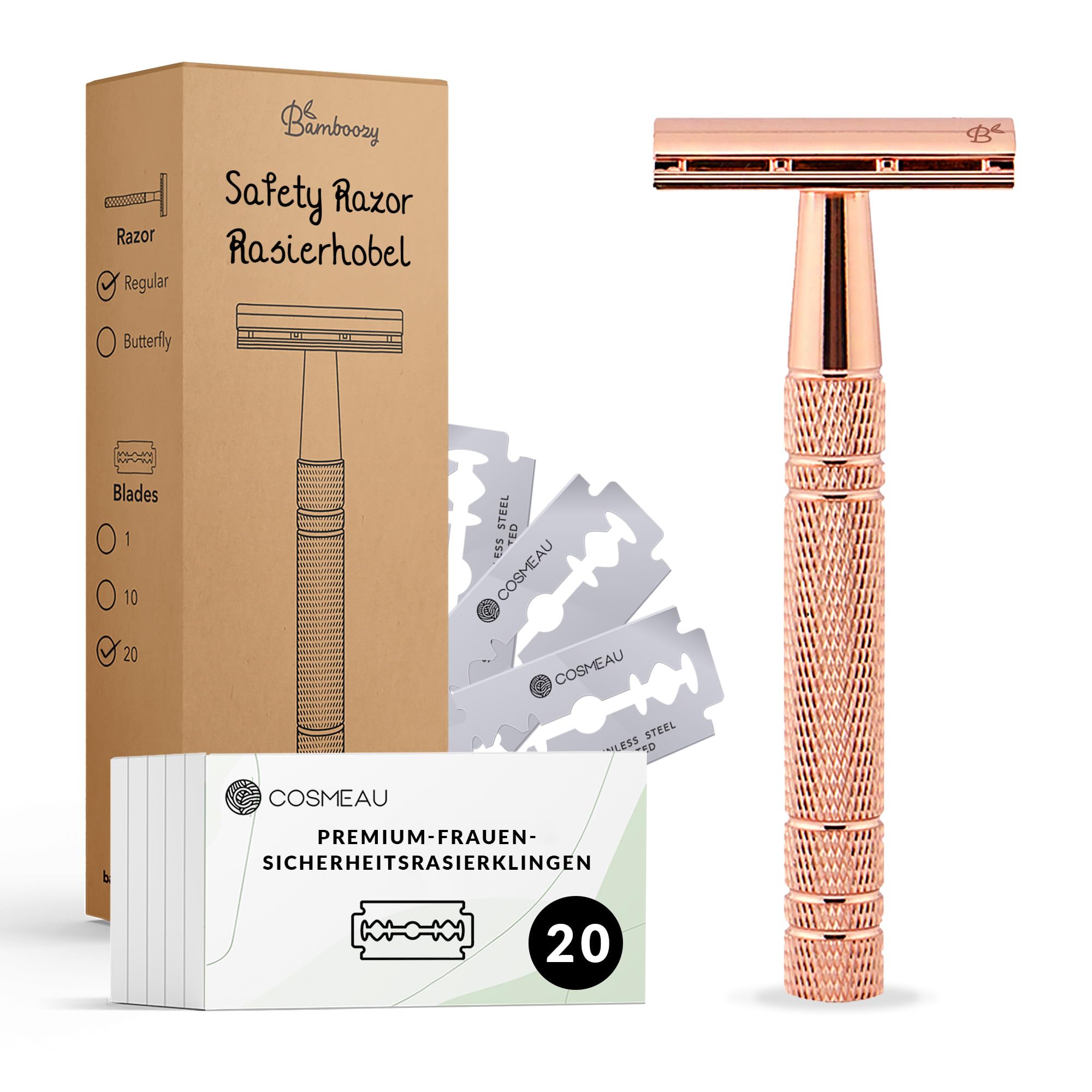 Bamboozy Rasoio di Sicurezza con 20 Lame, Alluminio Oro Rosa - Zero Rifiuti e Senza Plastica - Rasoio a Doppio Filo per Rasatura Bagnata