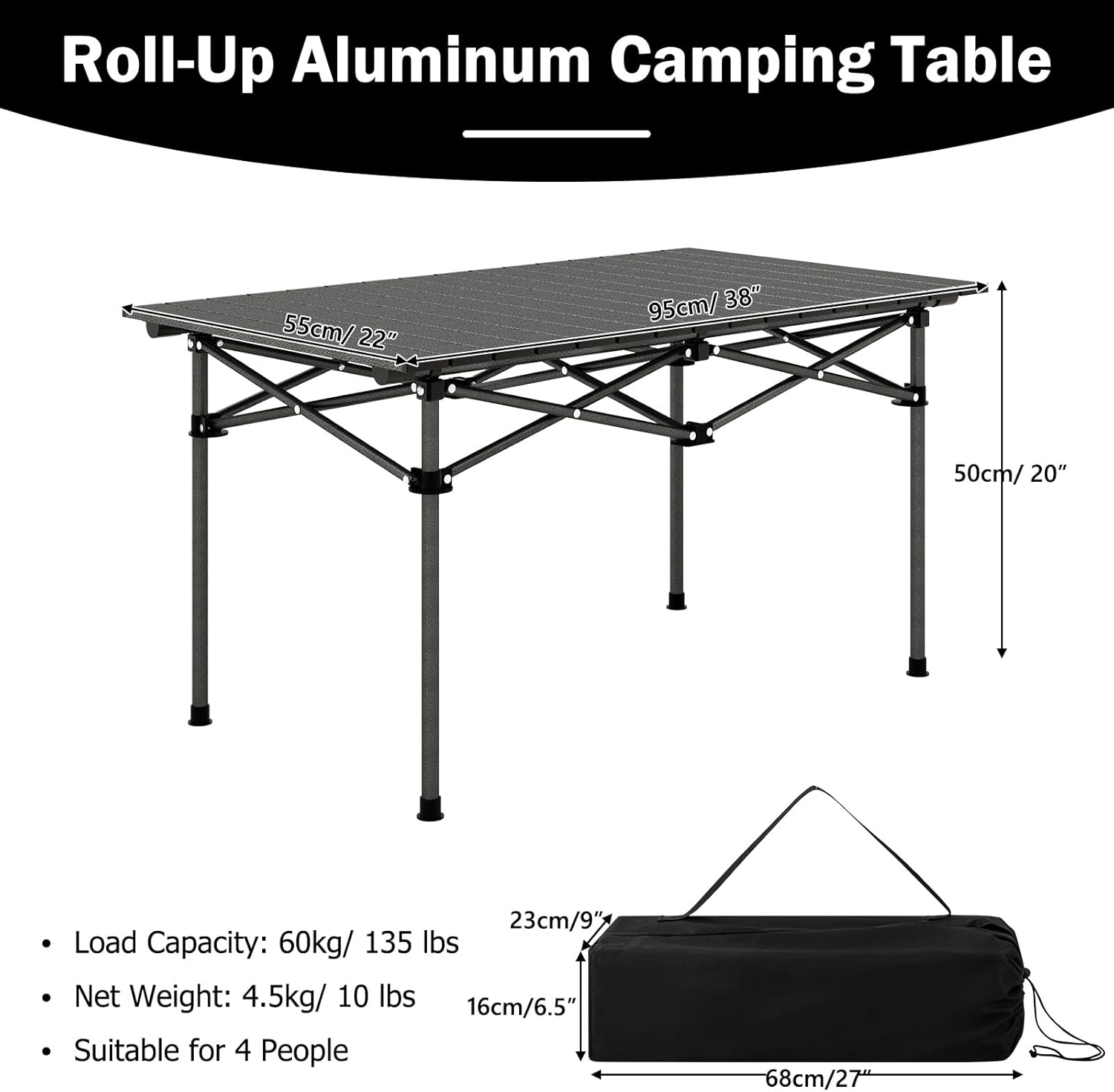 Giantex Folding Camping Table, 38" L Roll-Up Lightweight Picnic Table with Large Aluminum Tabletop & Carrying Bag, Portable Outdoor Folding Table for Hiking, Backpacking & Fishing