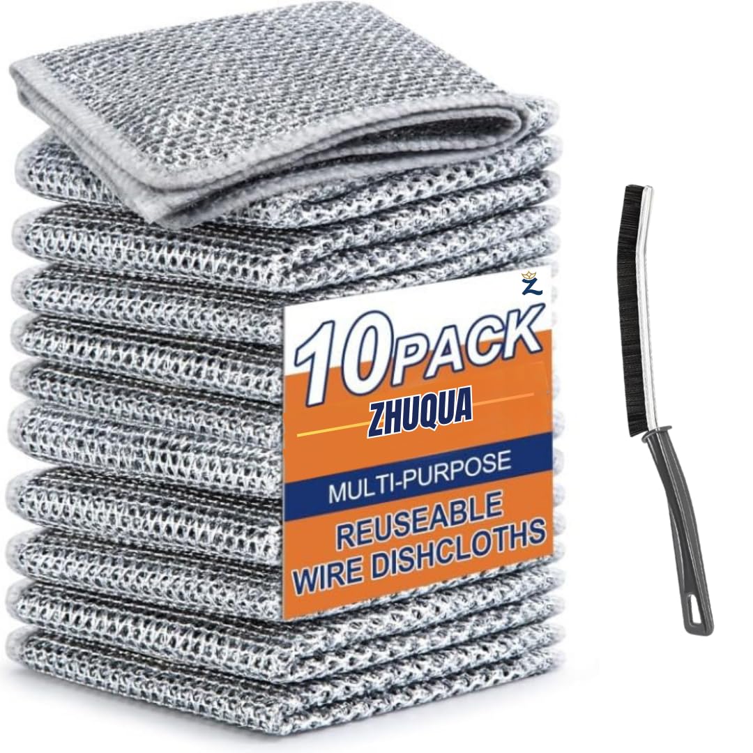 ZHUQUA 10 Pack Non-Scratch Wire Dishcloth & Gaps Cleaning Brush, Multipurpose Wire Dishwashing Rags for Wet and Dry, Easy Rinsing, Reusable, Wire Cleaning Cloth for Kitchen, Sinks (10 Cloth+1 Brush) (B0D2K81SD7) Amazon Price History, Amazon Price Tracker