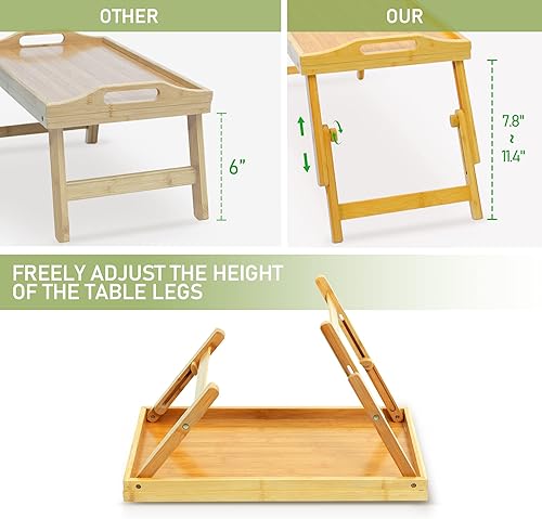Miniatura 10 de Bandeja grande para desayunar para comer, mesa elevada de alimentos de altura ajustable, bandeja de bambú para servir en el sofá regazo, bandeja