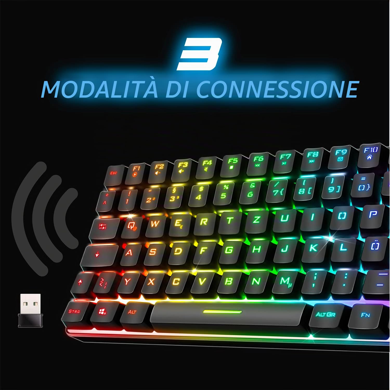 SPIRIT OF GAMER Tastiera wireless Bluetooth TKL RGB QWERTZ | Tasti semi-meccanici con retroilluminazione 25 anti-ghosting | Compatibile PC Smartphone Tablet