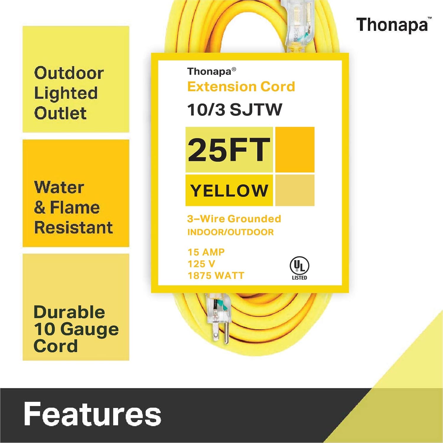 Thonapa 25 Ft 10 Gauge Extension Cord, Weatherproof Heavy Duty Outdoor Extension Cord 10 AWG 25', SJTW 3 Prong Lighted Plug 10/3 Yellow Cable 15 Amp, Great for Major Appliances & Garden Tools