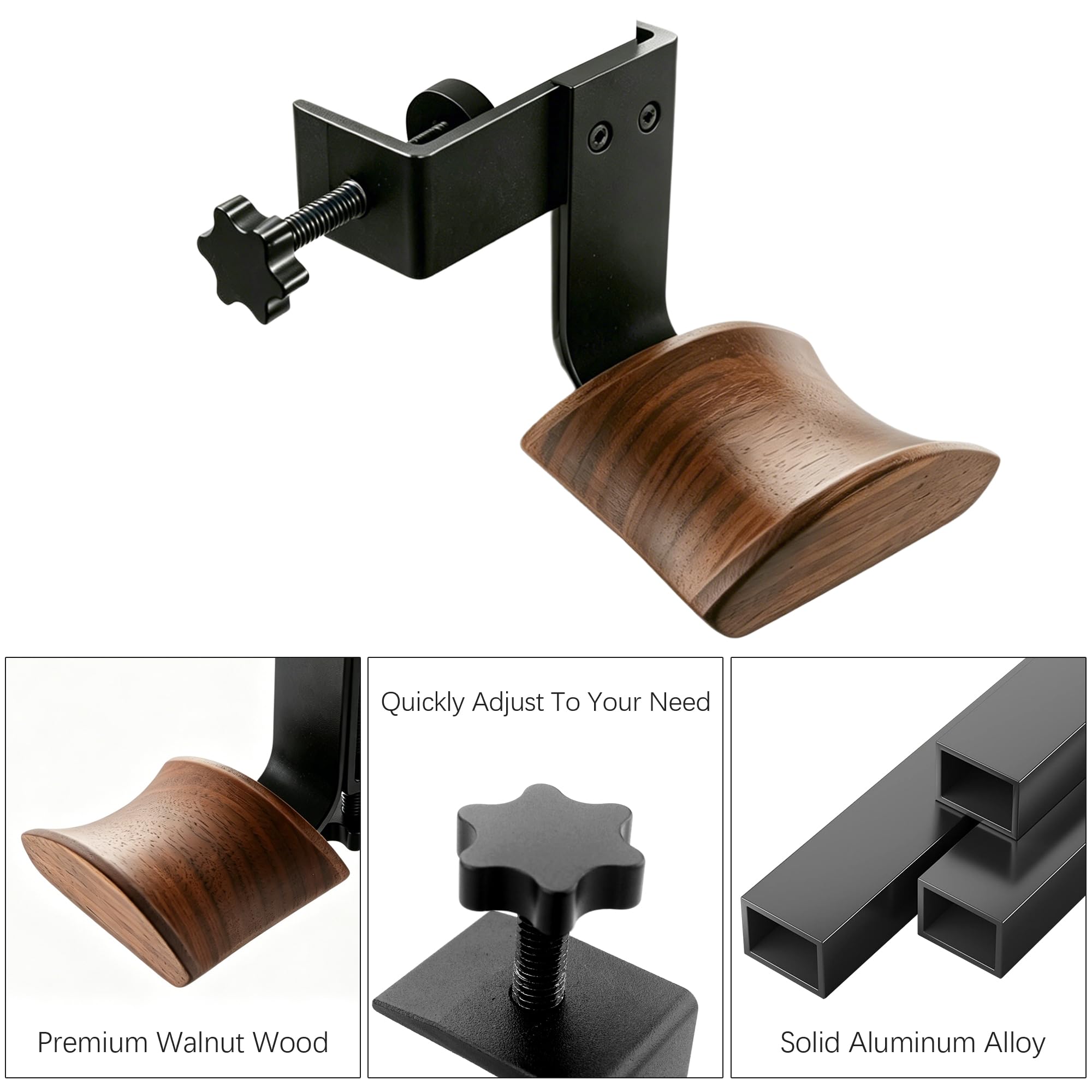 Supporto per casco in legno di noce e metallo massiccio – Supporto per scrivania regolabile per tutte le dimensioni, ideale per l'ufficio