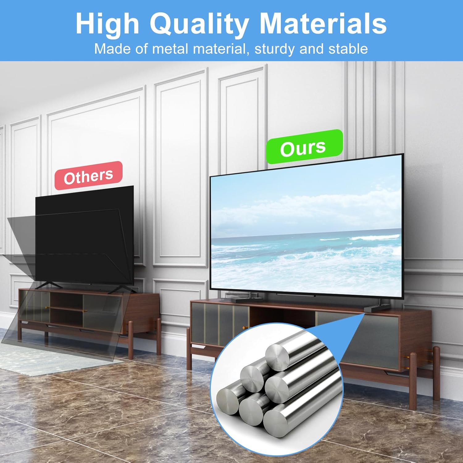 Three-step installation guide showing assembly of the stand, attachment to the TV, and final placement.