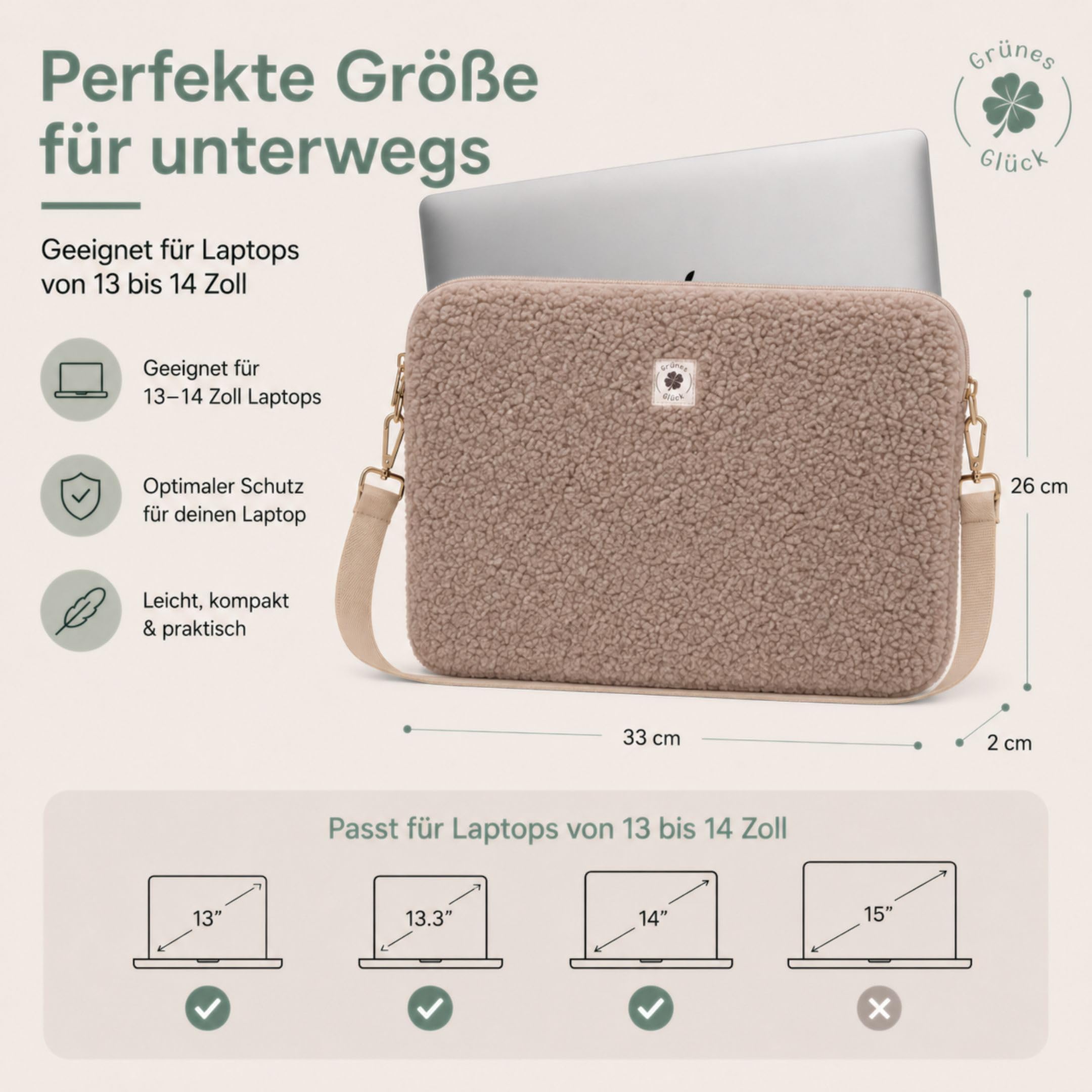 2-in-1 Teddy Laptoptasche & Laptophülle 13–14 Zoll mit Schultergurt
