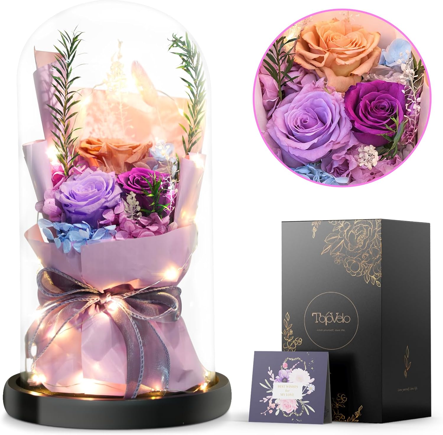 Large Roses Bouquet in Glass Dome, Preserved Flower Gift for Mothers Day, Prime Delivery Preserved Flowers Bouquet for Women, Wedding Gift for Her