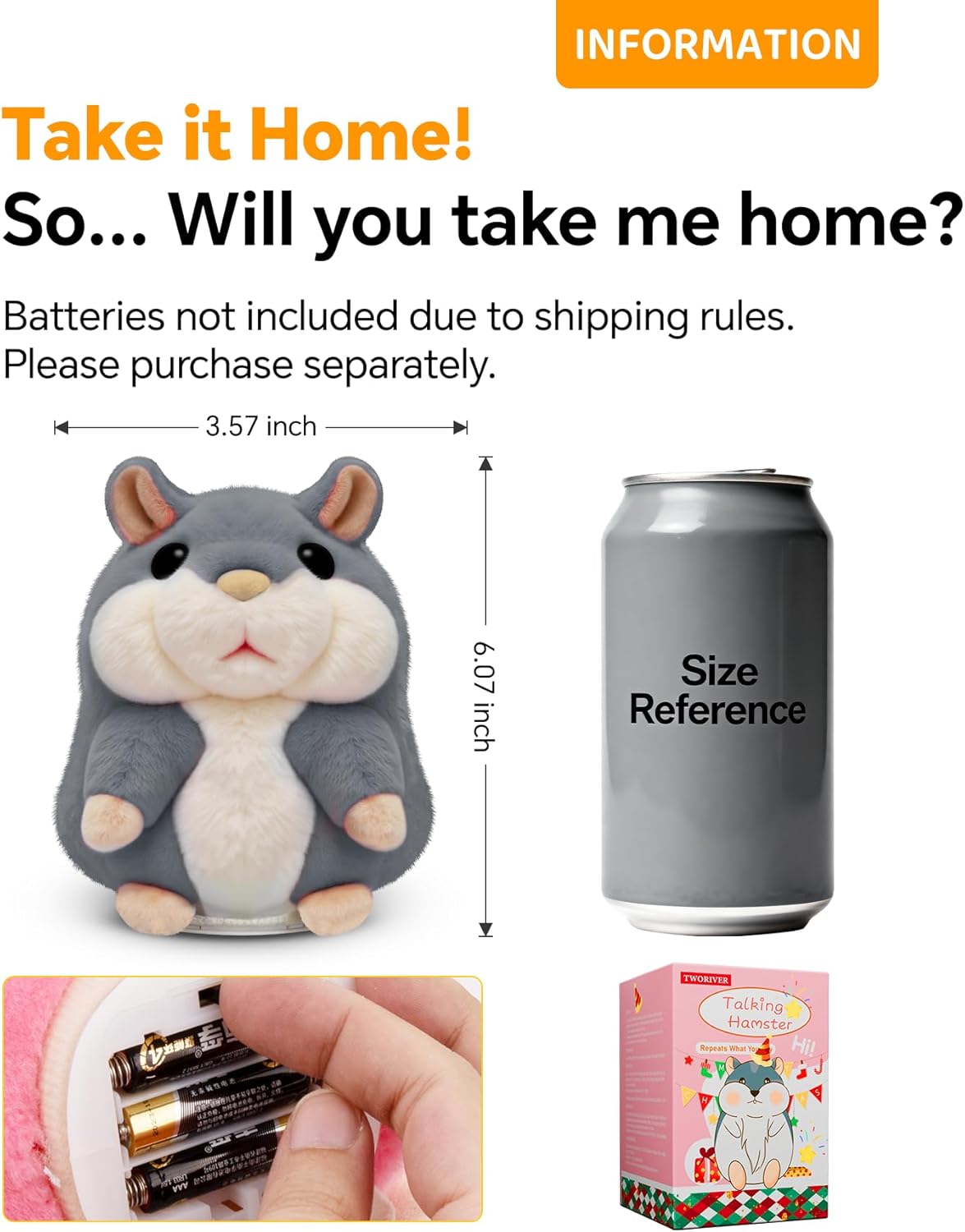 TWORIVER Talking Hamster Plush Toddler Toy – Repeats What You Say, Interactive Learning Toy for Kids 2 3 4 5 6 7 8 13 Years Old, Easter Gifts for Kids, Great Gift for Boys & Girls (Gray)