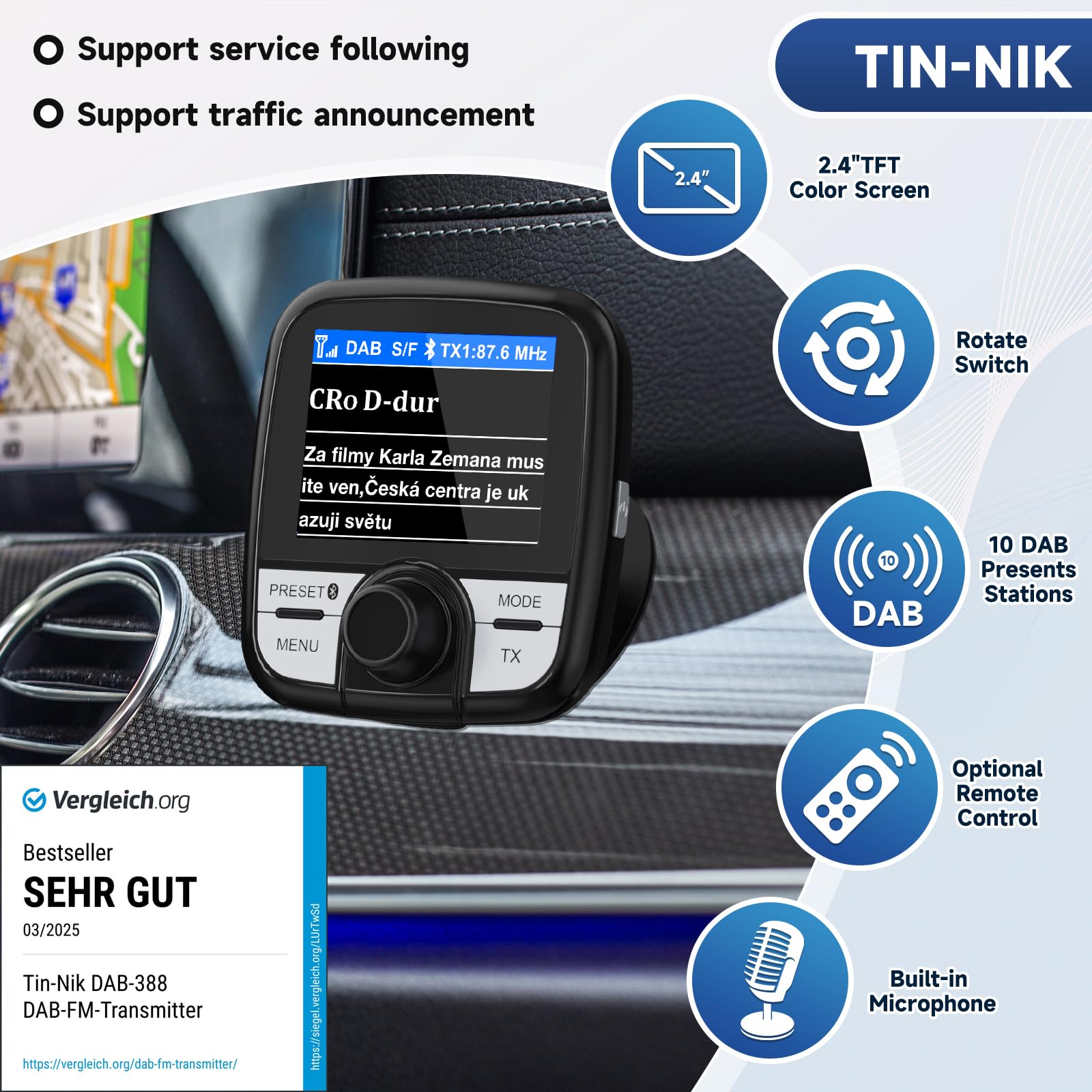 Adaptateur autoradio FM Dab/Dab+ Tin-Nik DAB-388 avec émetteur FM intégré, Voiture Dab, Appel Main Libre, Écran Couleur avec Diffusion de Musique Bluetooth, Télécommande, écran TFT 2,4”, Antenne SMB