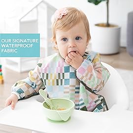 Bumkins Sleeved Bib for Girl or Boy, Baby and Toddler for 6-24 Mos, Essential Must Have for Eating, Feeding, Baby Led Weaning Supplies, Long Sleeve Mess Saving Food Catcher, Soft Fabric, Multi Check