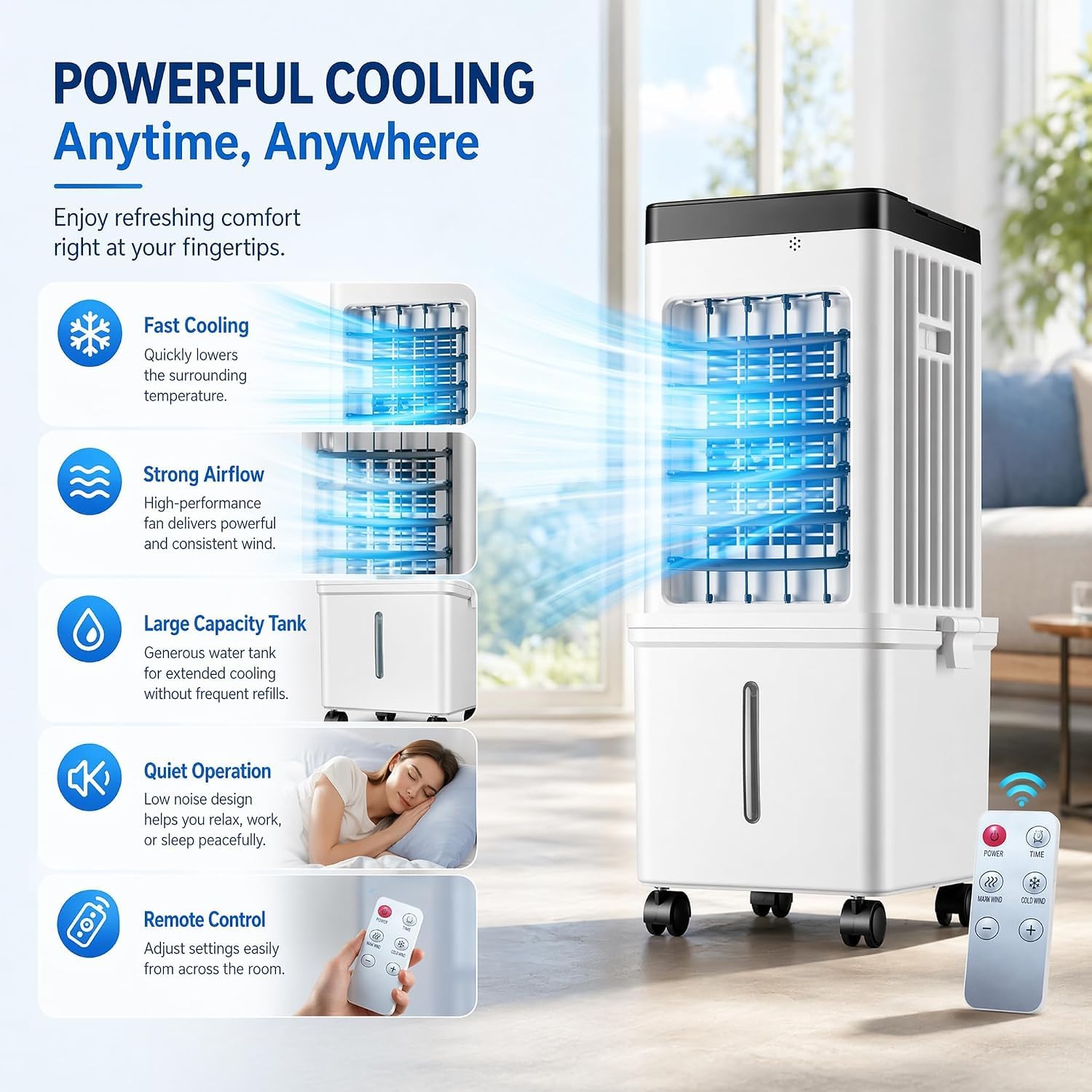 Condizionatore Portatile Senza Tubi, Ventilatore Con Telecomando 3 Velocità | Timer Integrato E Design Compatto, Ideale Per Camera Da Letto, Garage E Piccoli Ambienti