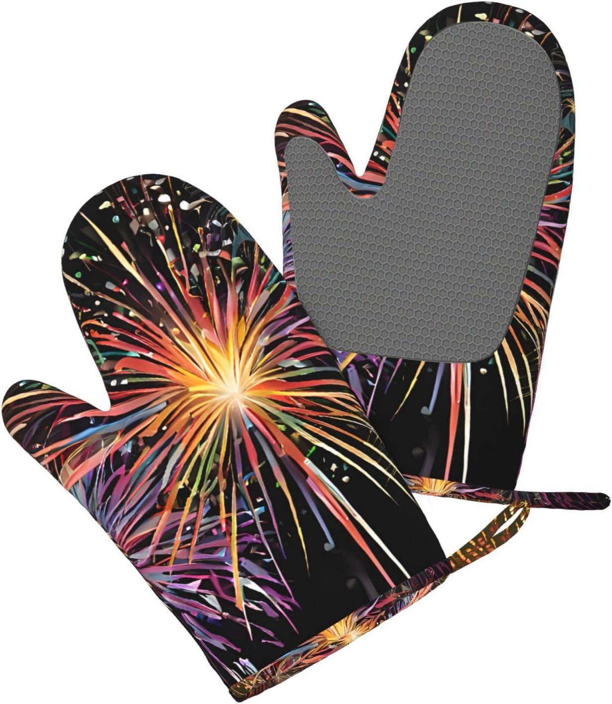 Explosion Firework 3D Oven Mitts and Pot Holders Set of 4 Heat Resistant Kitchen Gloves with Silicone Palm Hot Pads for Baking Cooking Grilling BBQ