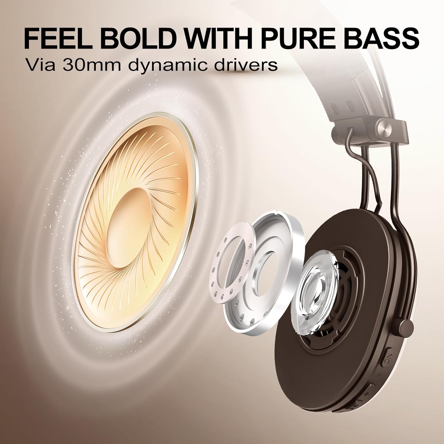 Active Noise Cancellation Wireless Bluetooth On-Ear Headphones:with - Hi Res Sound Up to 55H Battery Life, Lightweight, Comfortable, Foldable Design, for Home Office Travel, Dark Brown - Image 3