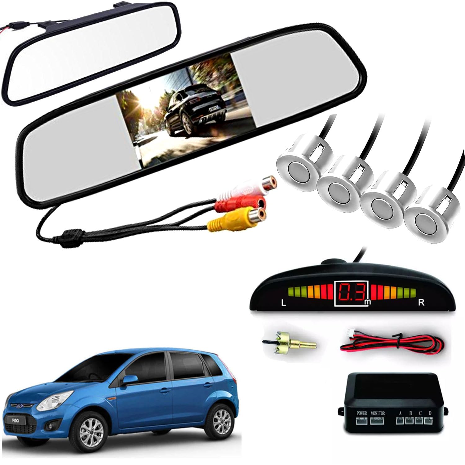 auto pearl 4.3 inch tft lcd rearview mirror parking video system with 16.5 mm for reverse hd camera, 4 white parking sensors compatible with figo (type-1) (2010-2012)