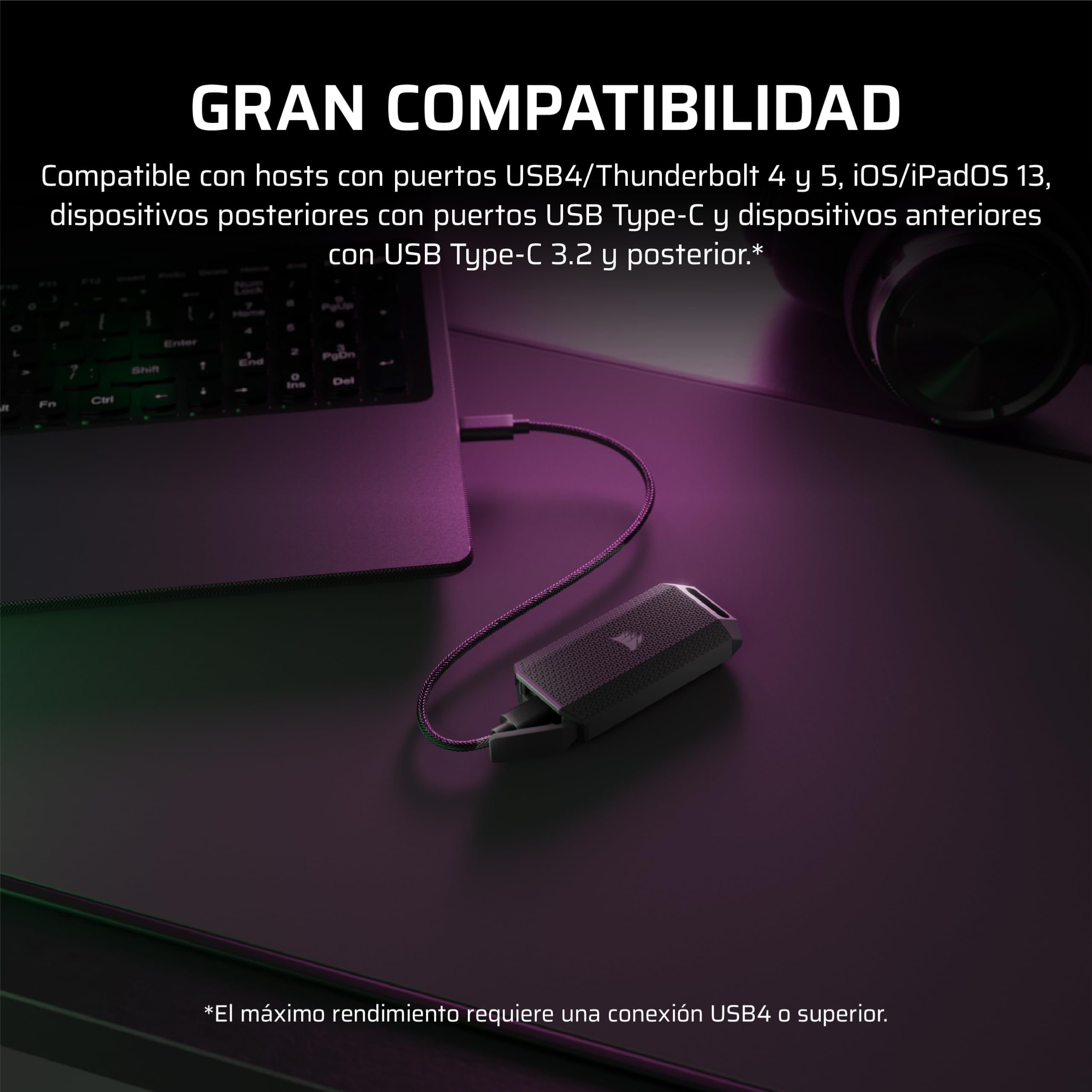 Corsair EX400U Survivor 1TB USB4 SSD Externa – hasta 4000 MB/s, Unidad Resistente IP55, Plug & Play para PC, Mac y iPad – Negro