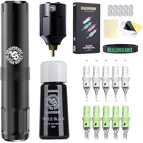 Dragonhawk S6 Tattoo Pen Kit, Rotary Tattoo Machine Coreless Motor Power by Mcore-C1, Tattoo Cartridges Needles Supply Kits for General Artists