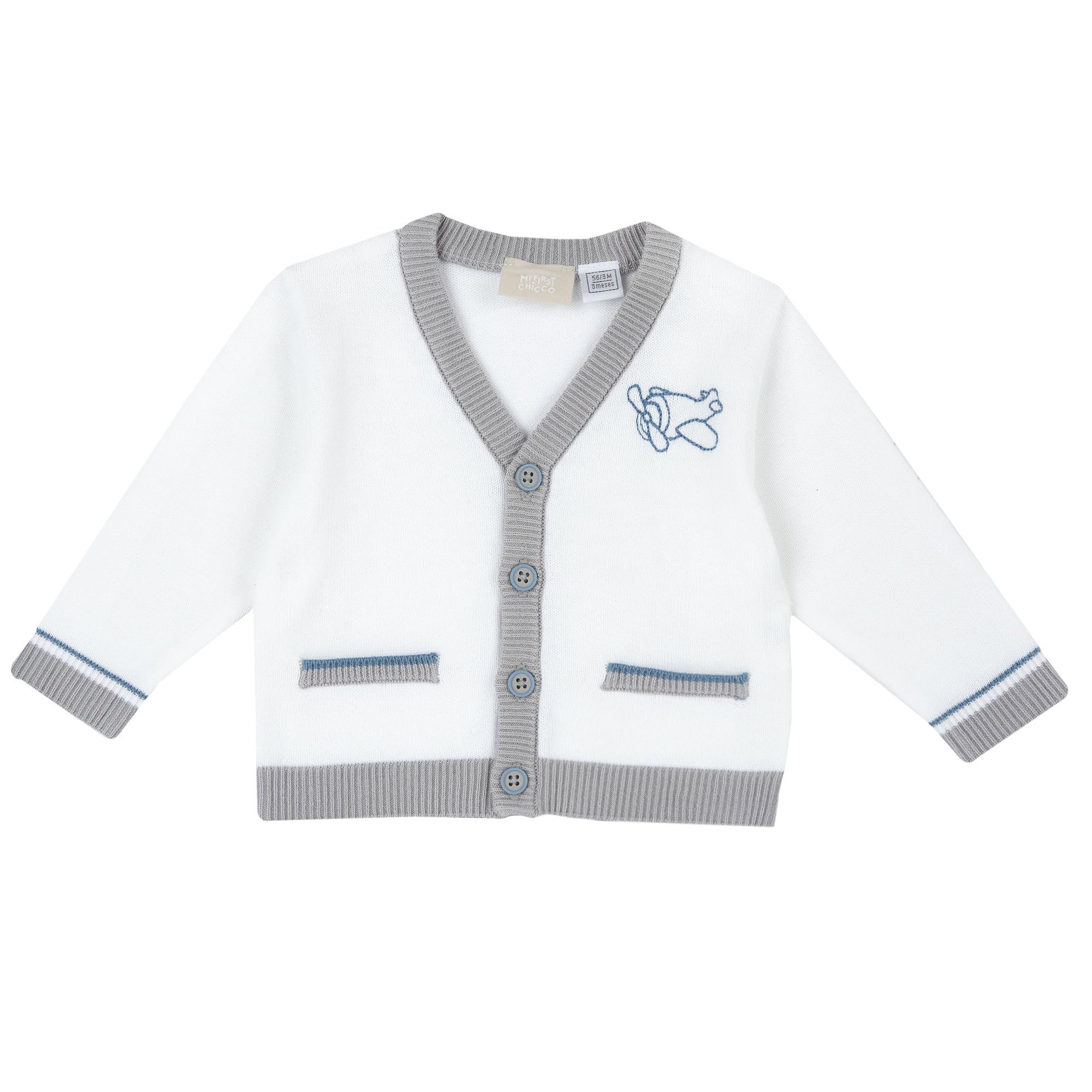 Chicco, Cardigan per neonato con ricamo aeroplanino e finte tasche, Bianco, 18 mesi