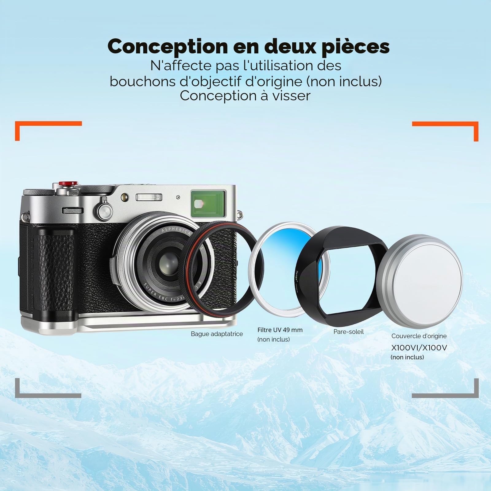 Haoge LH-X54B Pare-soleil carré en métal avec bague d'adaptation 49 mm pour appareil photo Fujifilm X100VI Fuji x100vi Noir