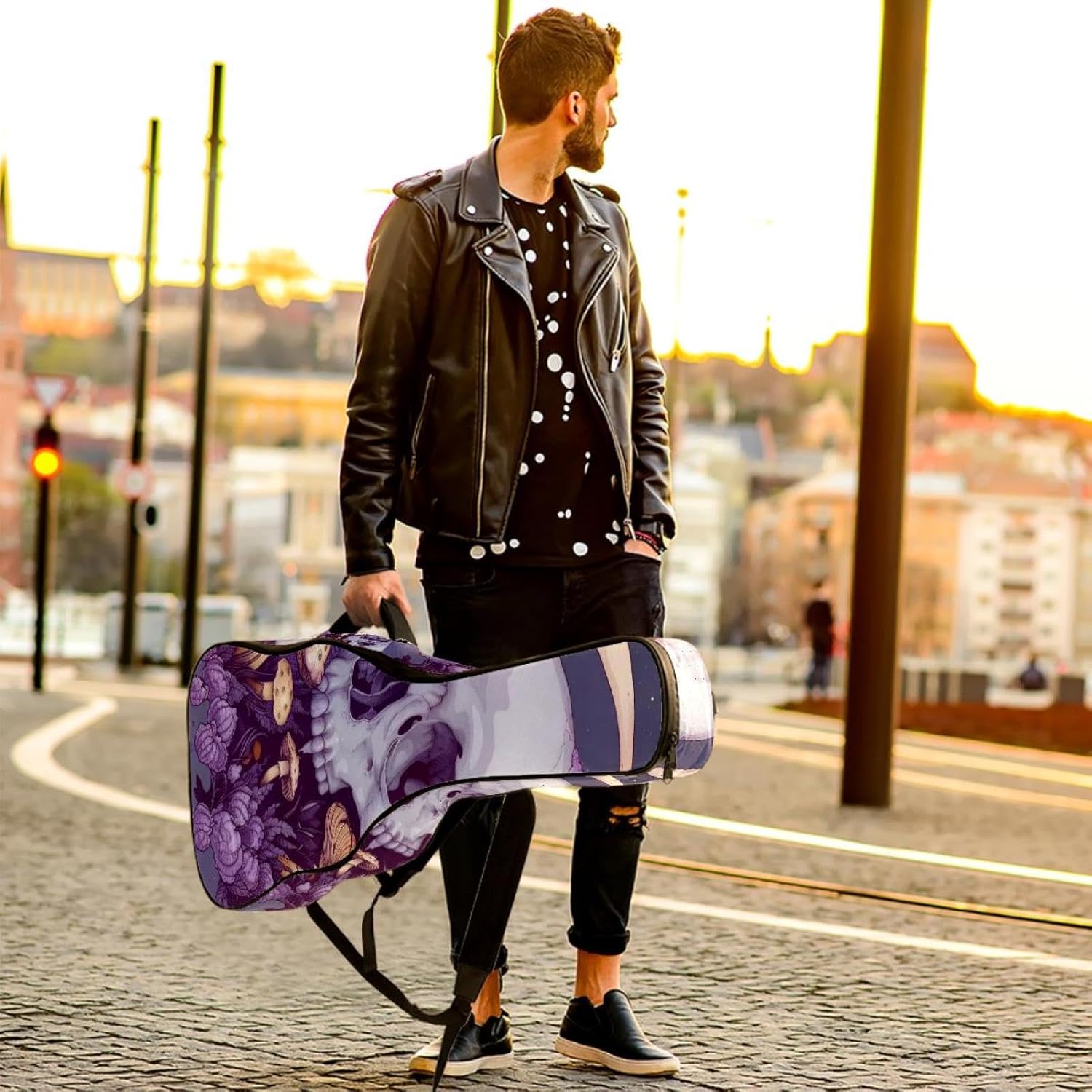 40 41 42 Inch Guitar Bags, Waterproof Padded Acoustic Guitar Case Backpack with Adjustable Shoulder Strap & Pockets, Aesthetic Skull Mushroom Moon Plant Purple