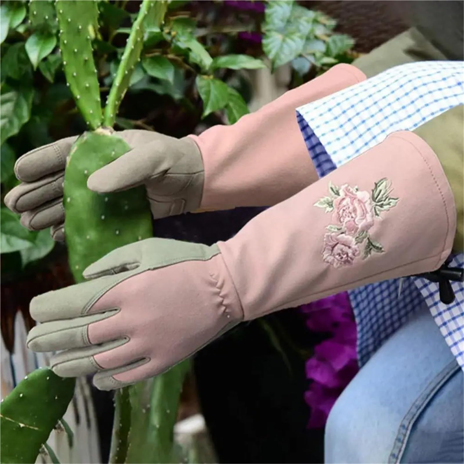 Guanti da giardino lunghi for potatura protettivi in ​​ecopelle antigraffio Protezione for le mani for di arbusti for raccolta frutta Per il giardinaggio(Light Brown,M 41cm)