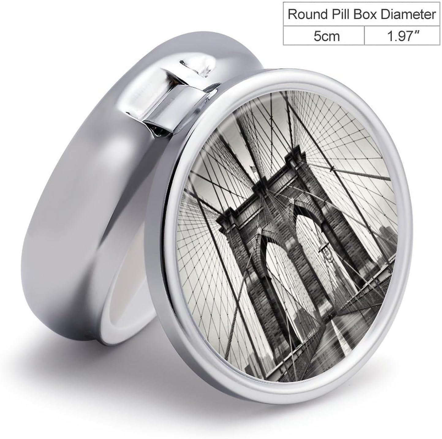 Round Daily Brooklyn Bridge Pill Case with 3 Compartment & Mirror image 2