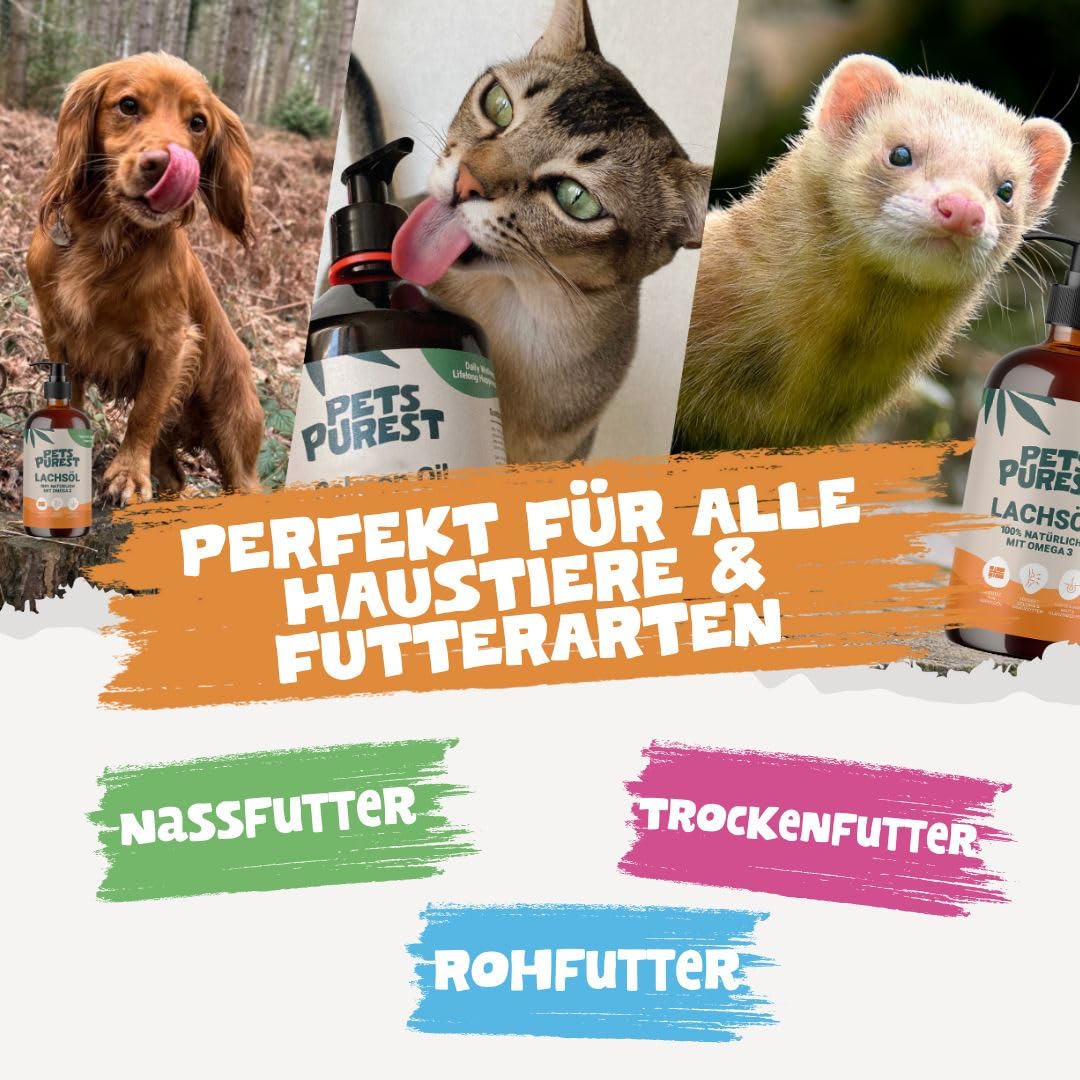 Pets Purest Lachsöl für Hunde & Katzen 1000ml – Reines Norwegisches Lachsöl mit Omega 3-6-9 & Vitamin E – Unterstützt Haut, Fell, Gelenke & Immunsystem – 100% Natürlich