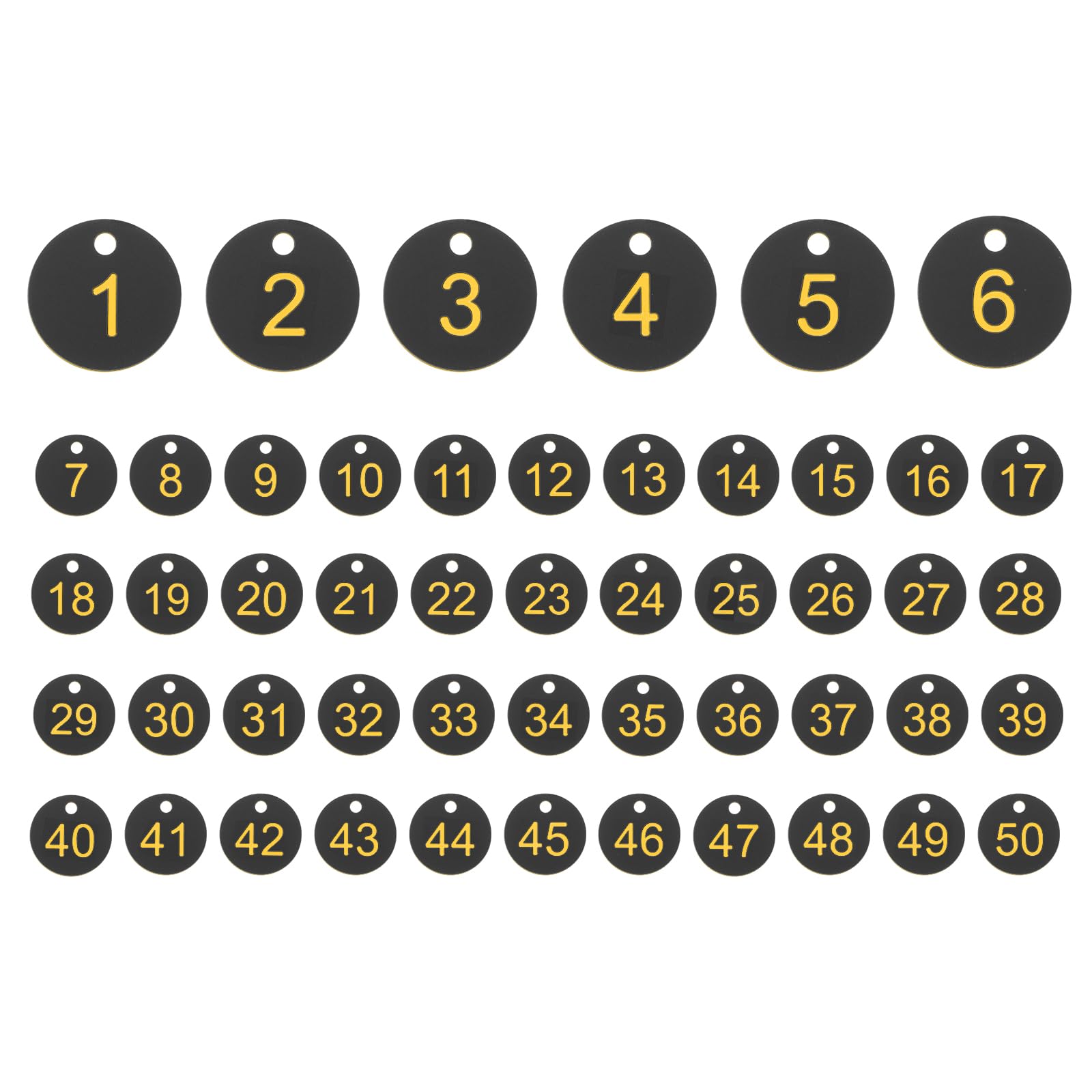 PATIKIL 50PCS Number Tags 1-50, Table Number Key Tags Plastic Numbered Keychain for Organizer Field Sales Hangers Clothes Labels ID, Black Yellow