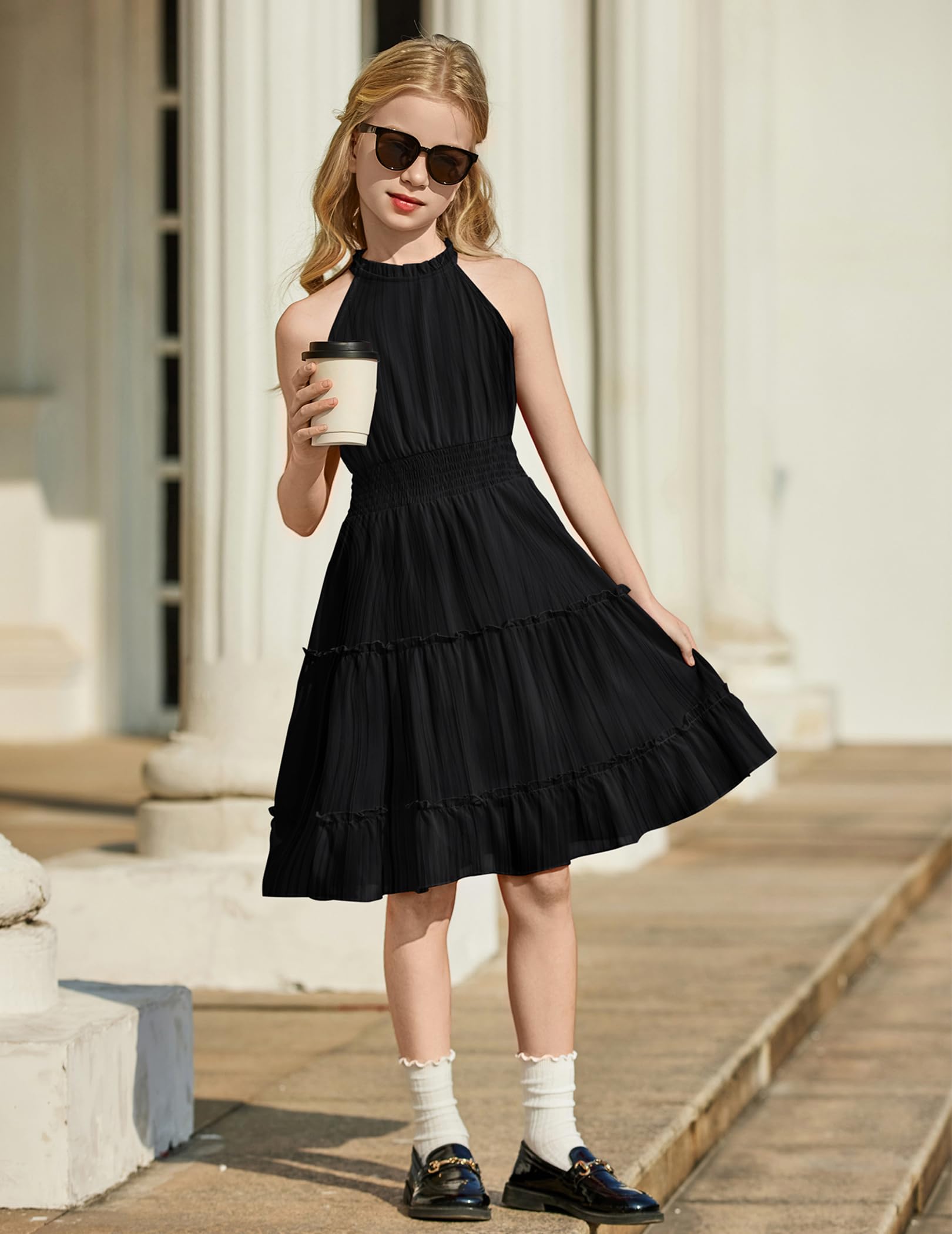 Arshiner Robe Filles été sans Manches Fête Enfants Robes Cérémonie Robe Légère Mousseline épaules Dénudées Midi Décontractée Trapèze Robes de Soirée éLégante pour Filles 6-13 Ans