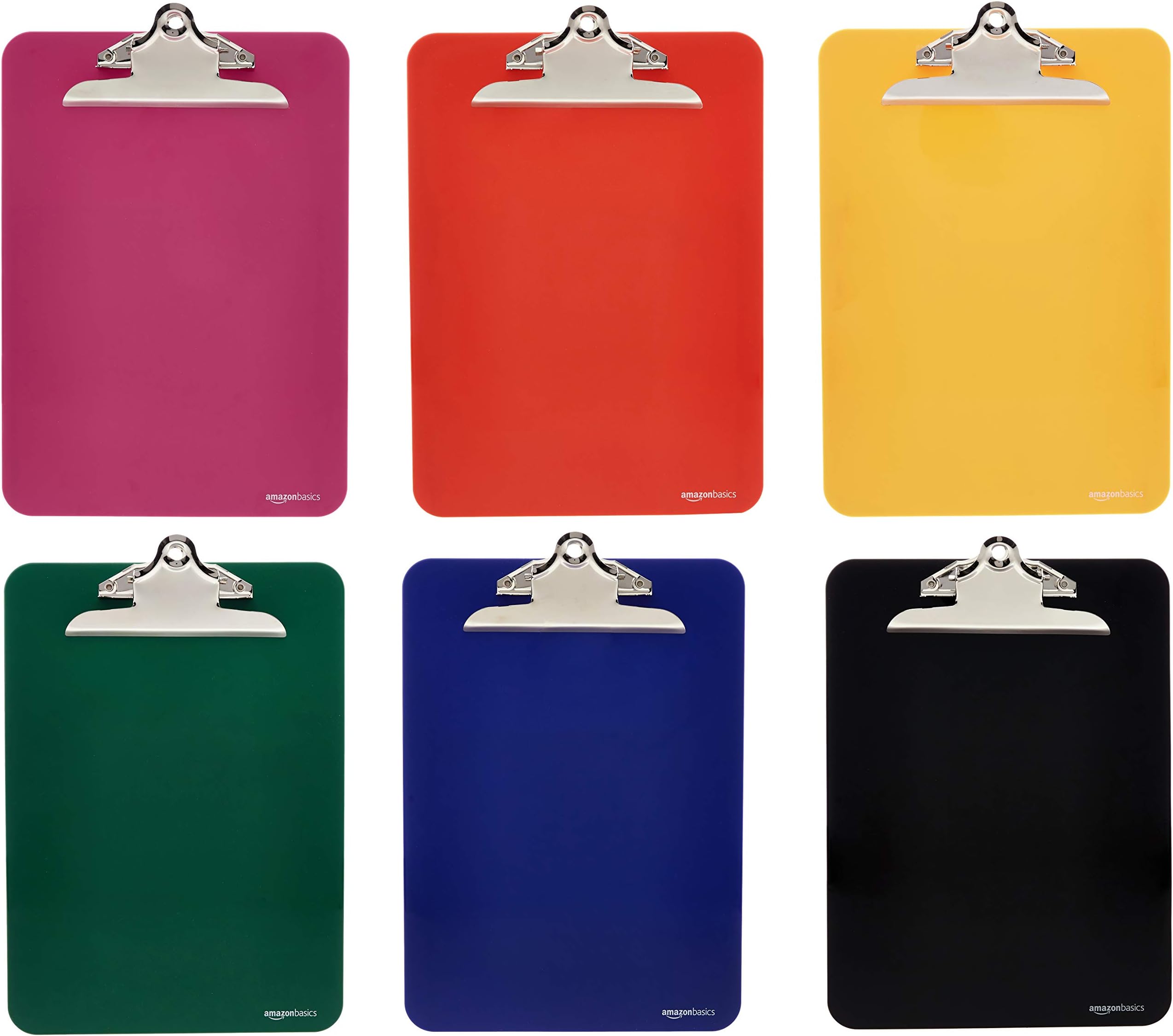 Amazon Basics Plastic Clipboards with Metal Clip, Pack of 6, Multicolor, 33 L x 22.6 W cm