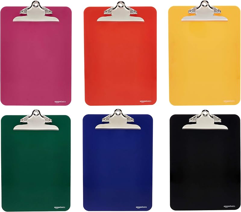 Amazon Basics Lightweight Plastic Clipboards with Sturdy Metal Clip, Letter Size, Assorted Classic Colors, Pack of 6