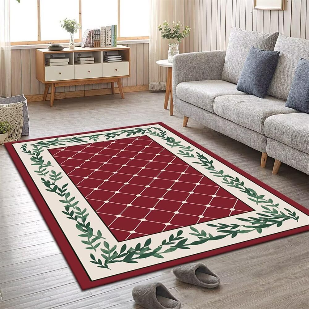 Tapis de salon rouge 150x200 à motif feuilles fraîches pour sol et bureau