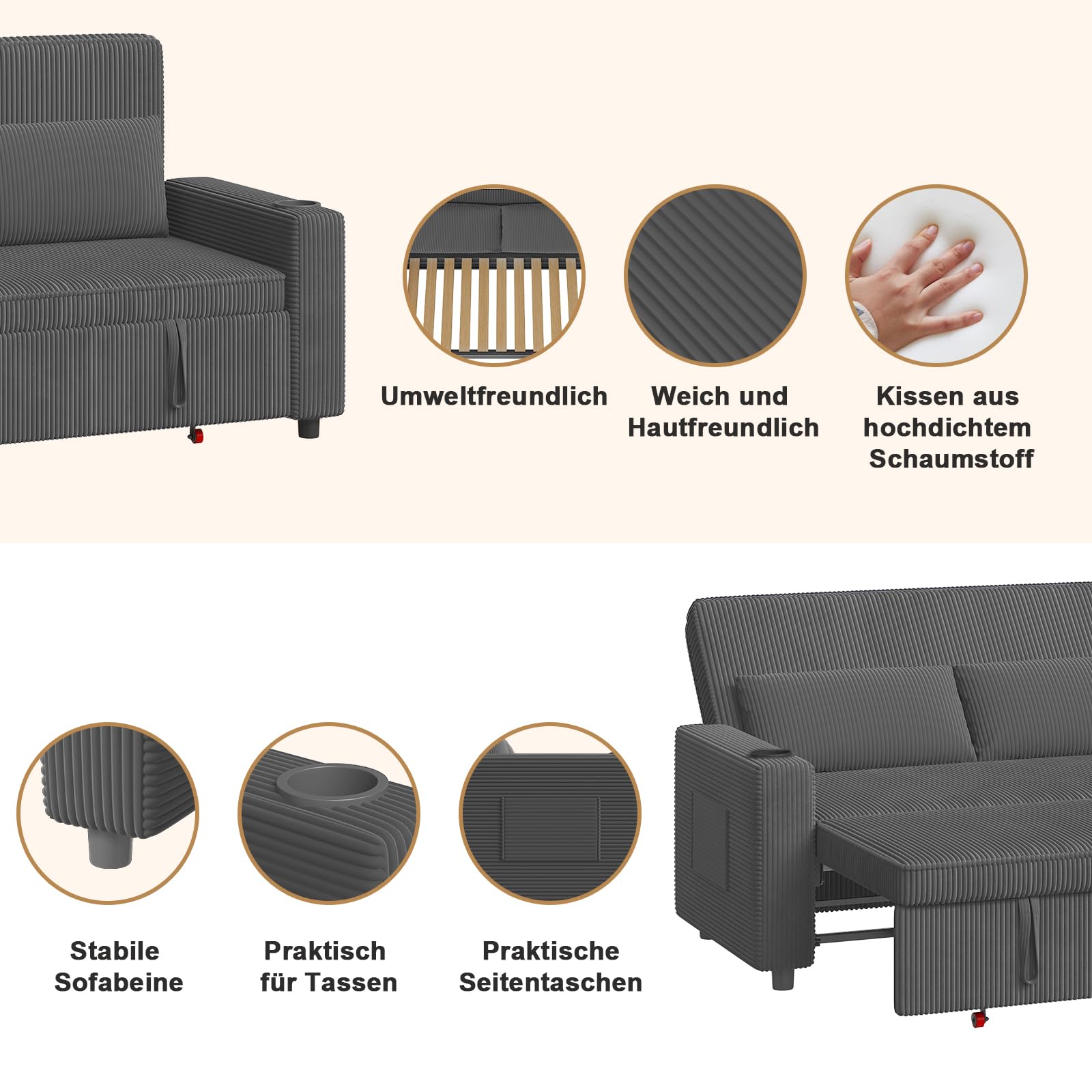 JUMMICO Schlafsofa 2 Sitzer klein Sofa mit Schlaffunktion Schlafcouch Ausziehbar mit Kissen Couch Cord-Bezug mit Getränkehalter Klappsofa Für Wohnzimmer Schlafzimmer,75 x 160 x 93 cm,Grau