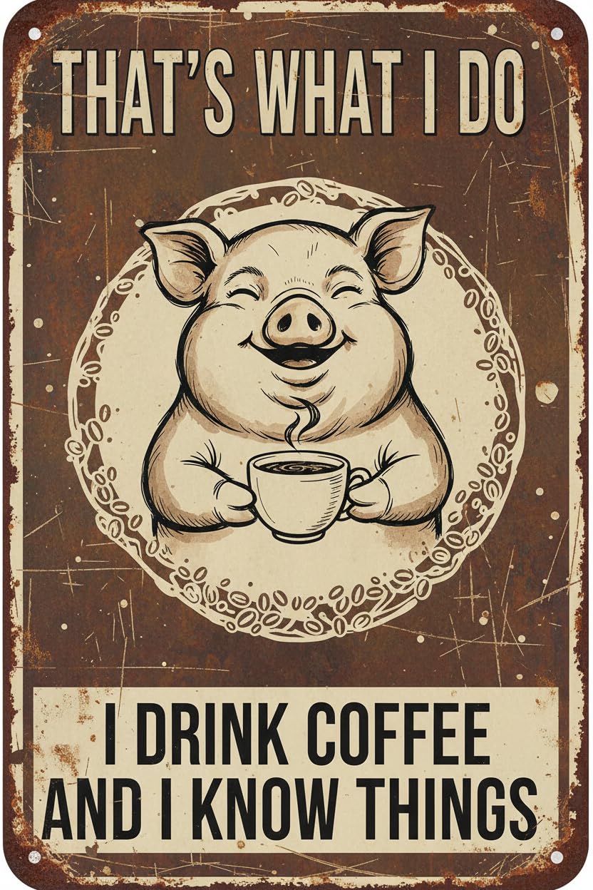 Vintage Pig Tin Sign That's What I Do I Drink Coffee Retro Pig Lover Wall Decor Nostalgic Art Funny Rustic Metal Poster Outdoor Store Cafe Pubs Indoor Bathroom Toilet Bar Man cave 12 * 8inch