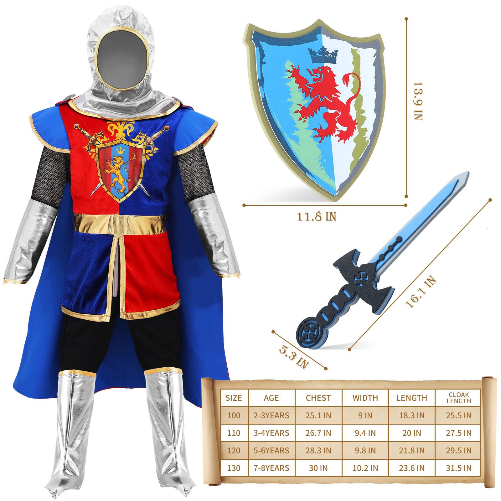 Costume da Cavaliere per Bambini con Armatura da Cavaliere, Elmo da Cavaliere, Costume Medievale con Mantello, Spada, Scudo, Elmo, Cosplay, Costumi di Carnevale, Regalo per Ragazzi