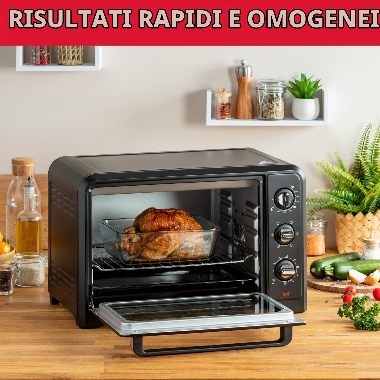Moulinex Forno posabile 33 L, Calore girevole, Convezione avanzata, 6 modalità di cottura, Termostato regolabile fino a 240 °C, Timer 120 min, Griglia reversibile, Presine in silicone, Optimo Nero