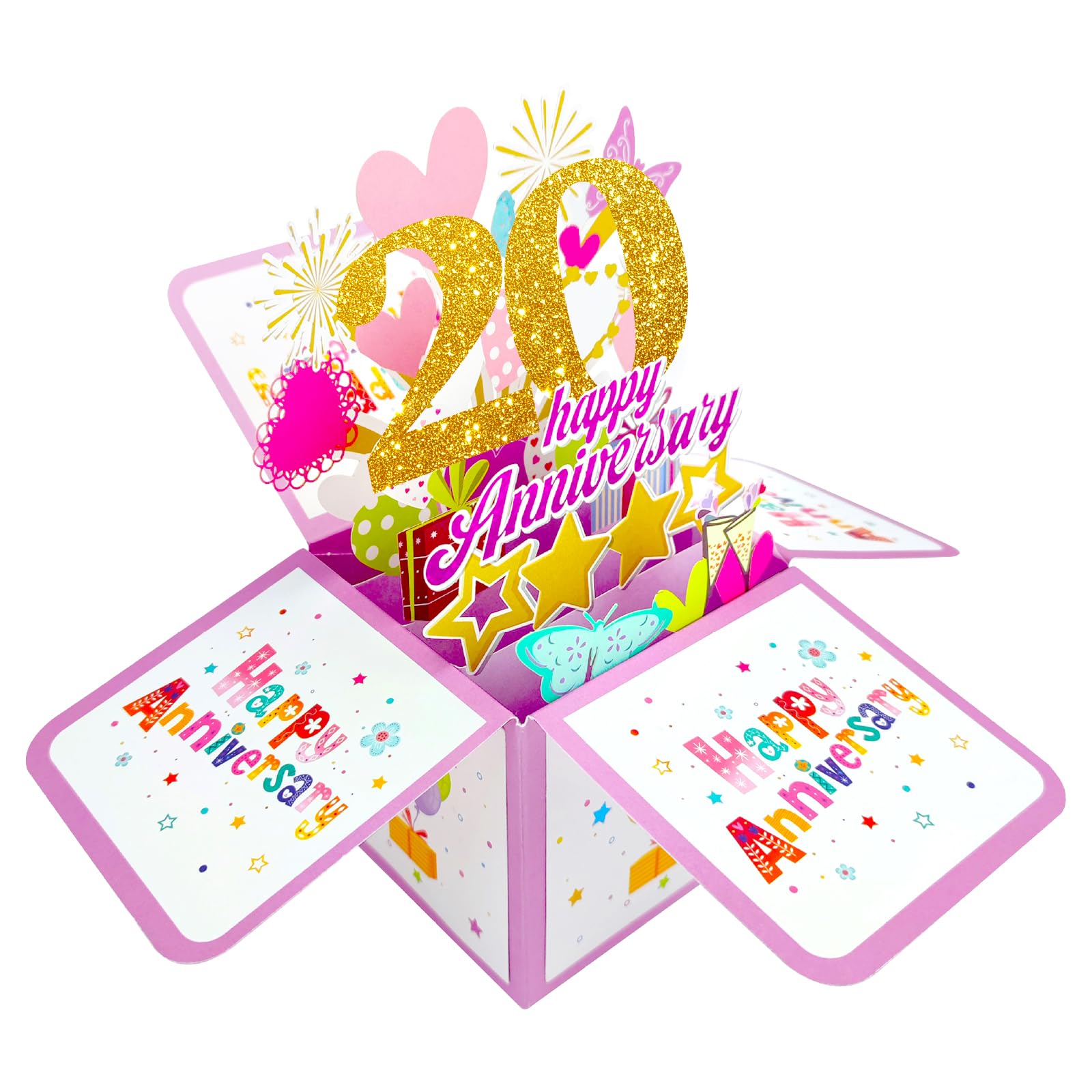 Anniversary Pop Up Card, Heart Butterfly Fireworks 3D Anniversary Cards, Happy Anniversary Pop Up Card with 2 Sets of Numbers and Round Stickers, Wedding Anniversary Card for Wife Husband Couple