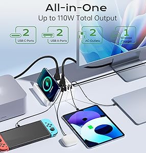 USB Charging Station for Multiple Devices Apple, TOPOINT 7 in 1 Power Strip with Wireless Charger for iPhone, 65W Fast Charging USB C Charger Block Phone for Samsung Android MacBook iPad Tablet
