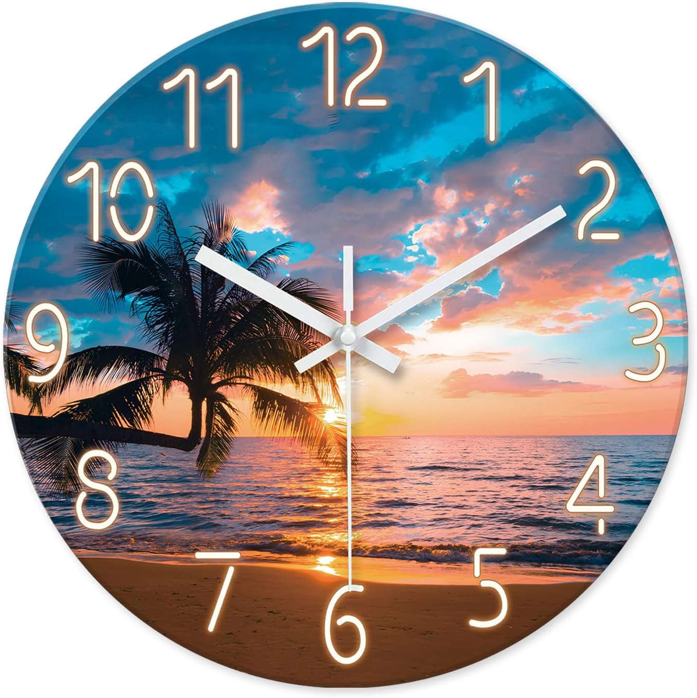 XFM Blue Beach Wall Clocks Battery Operated 14 Inch Palm Tree Silent Wall Clock Non Ticking Glass Coastal Wall Clock for Living Room 14 Inch Blue2