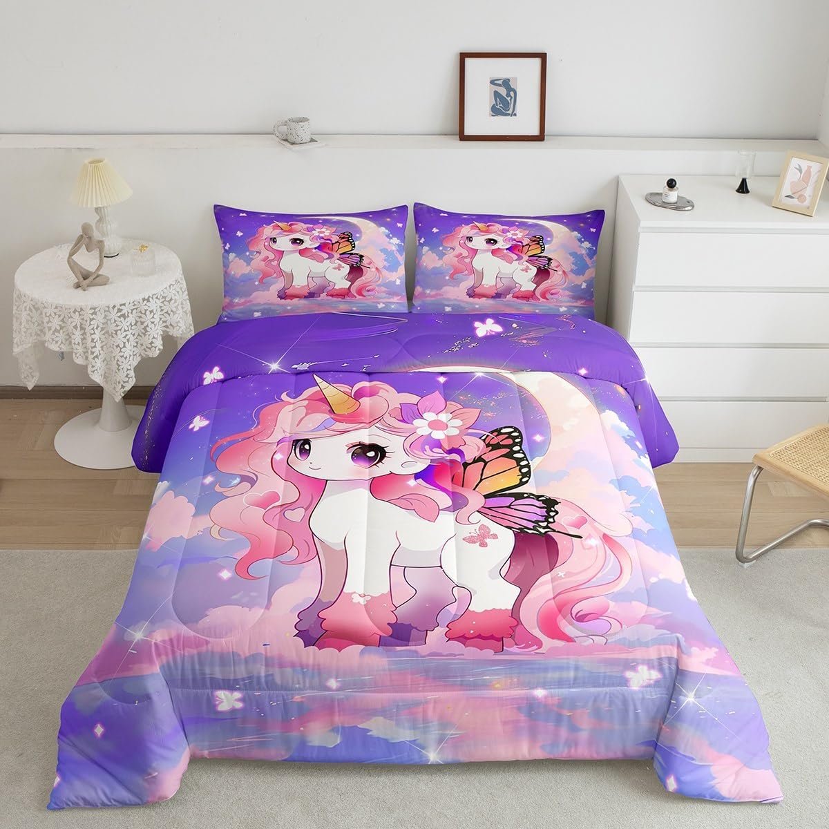 Feelyou Moon Stars Unicorn Comforter Set Queen Size, Fairy Cute Unicorn Bedding Set Galaxy Butterfly Unicorn Comforter Reversible Purple Duvet Set