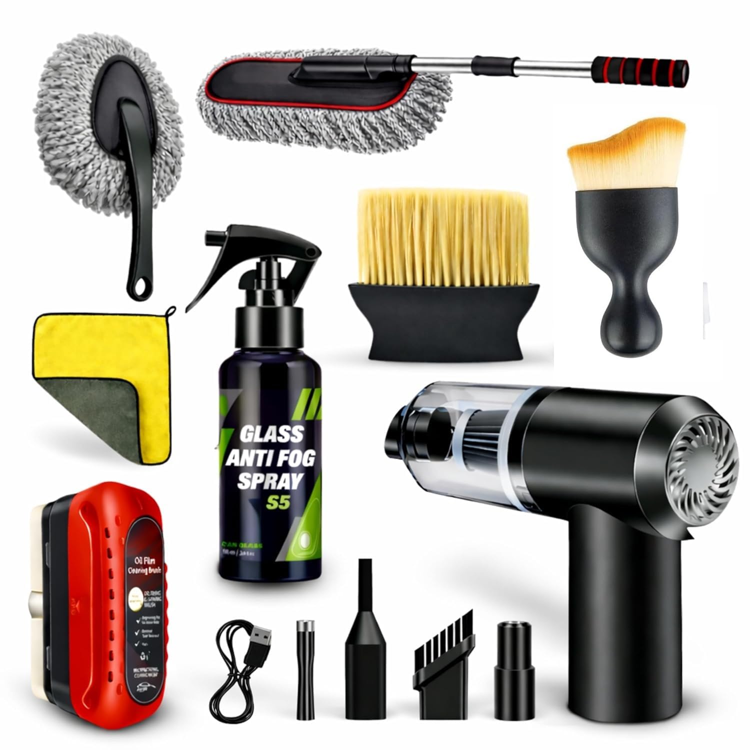 8 Pcs Car Combo Kit with 3-in-1 Mini Vacuum Cleaner, Microfiber Cloth, Duster, Wheel Brush, Anti-Fog Spray & Glass Cleaning Tools (8 in 1 Car Combo) (Multicolour)-image-44