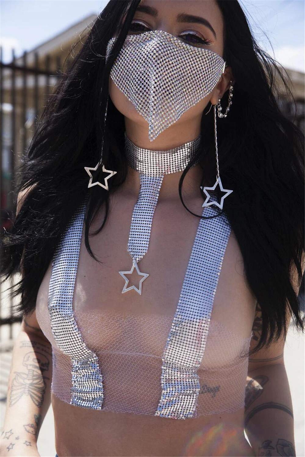 Faxianther Sparkly Rhinestones Mesh Half Face Mask Modern Bling Crystal Face Chain Belly Dance Punk Rock Band Jazz Face Cover Halloween Nightclub Rave Party Masquerade Face Mask Mardi Gras Jewelry - Image 2