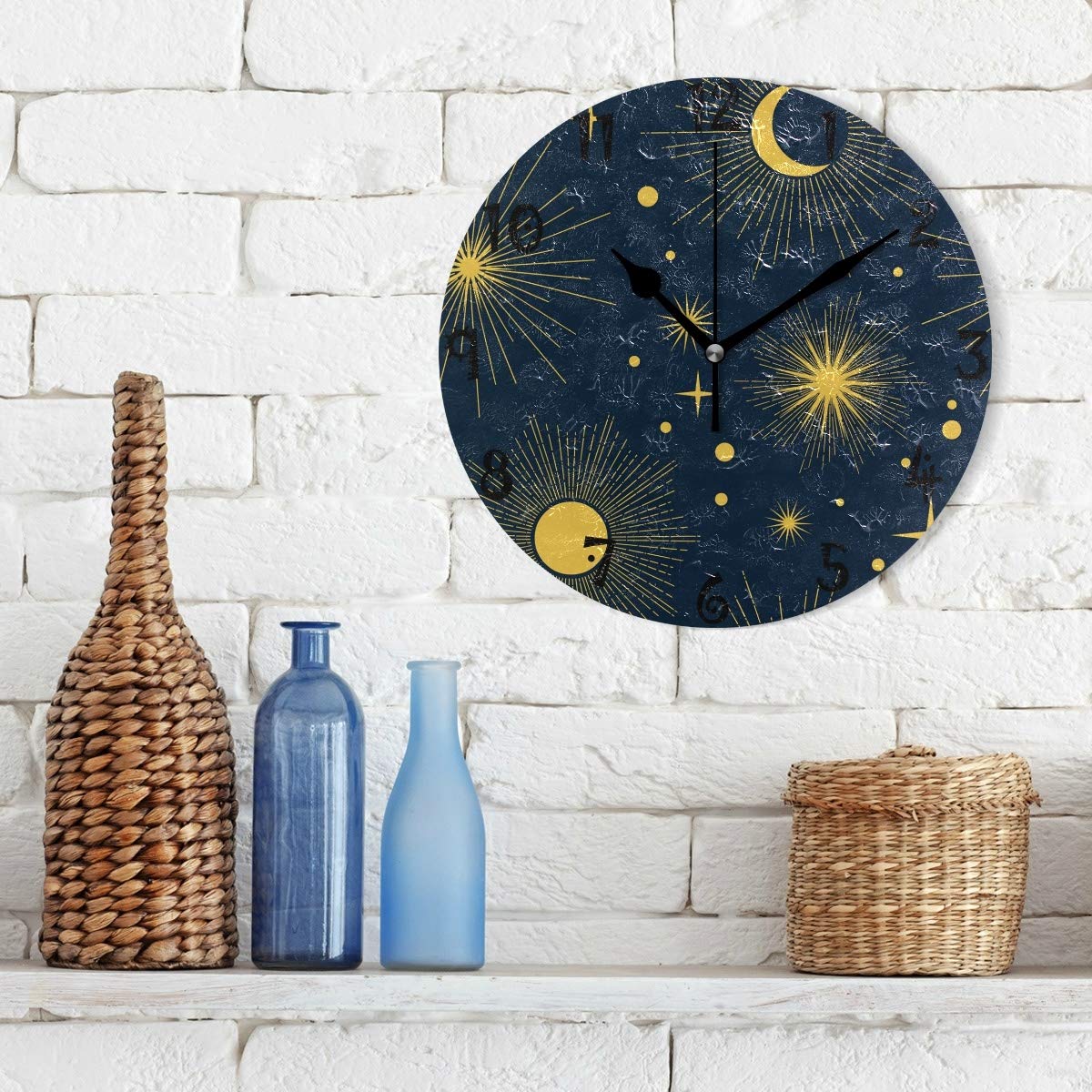 GTDEALS Orologio da parete con fasi lunari, sole, zodiaco, astrologia, silenzioso, senza ticchettio, rotondo, orologio da parete per bagno e cucina, 25,4 cm
