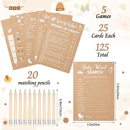 Miniatura 3 de Funtery Juego de 145 tarjetas rústicas de actividades para 25 invitados con 20 lápices de papel kraft rústico para baby shower, bingo, adivina