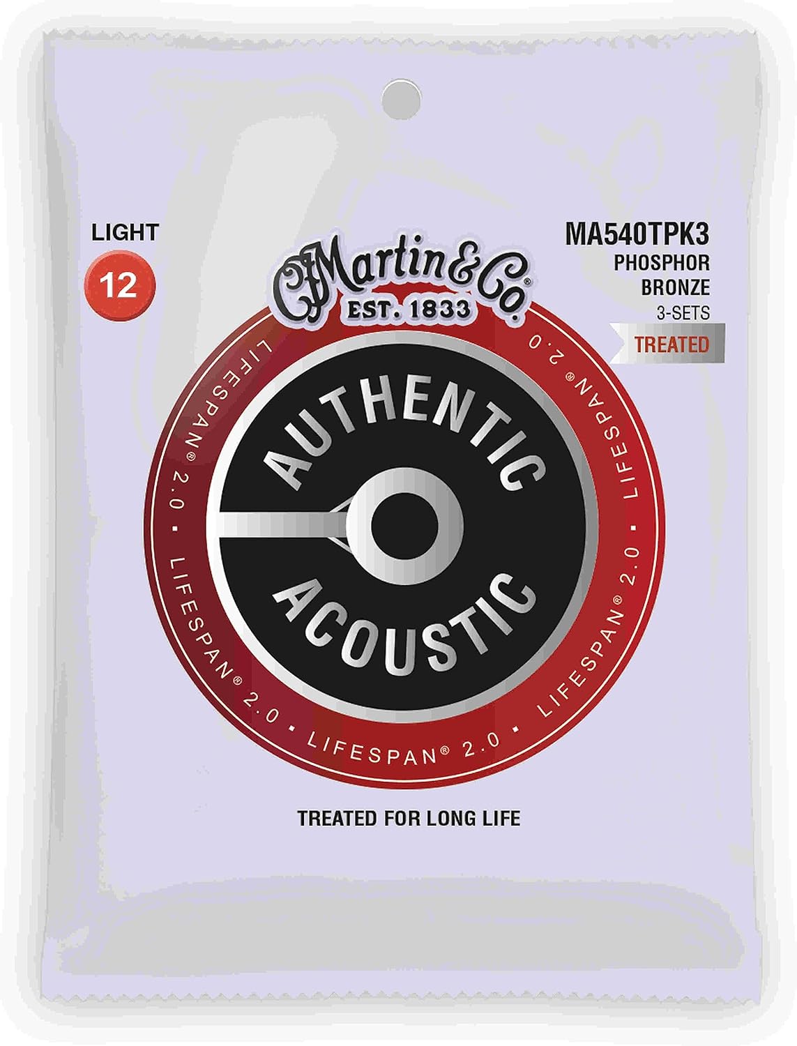 Martin MA540T Authentic Acoustic Lifespan 2.0 92/8 Phosphor Bronze Light 12-54 (3-Pack Bundle)