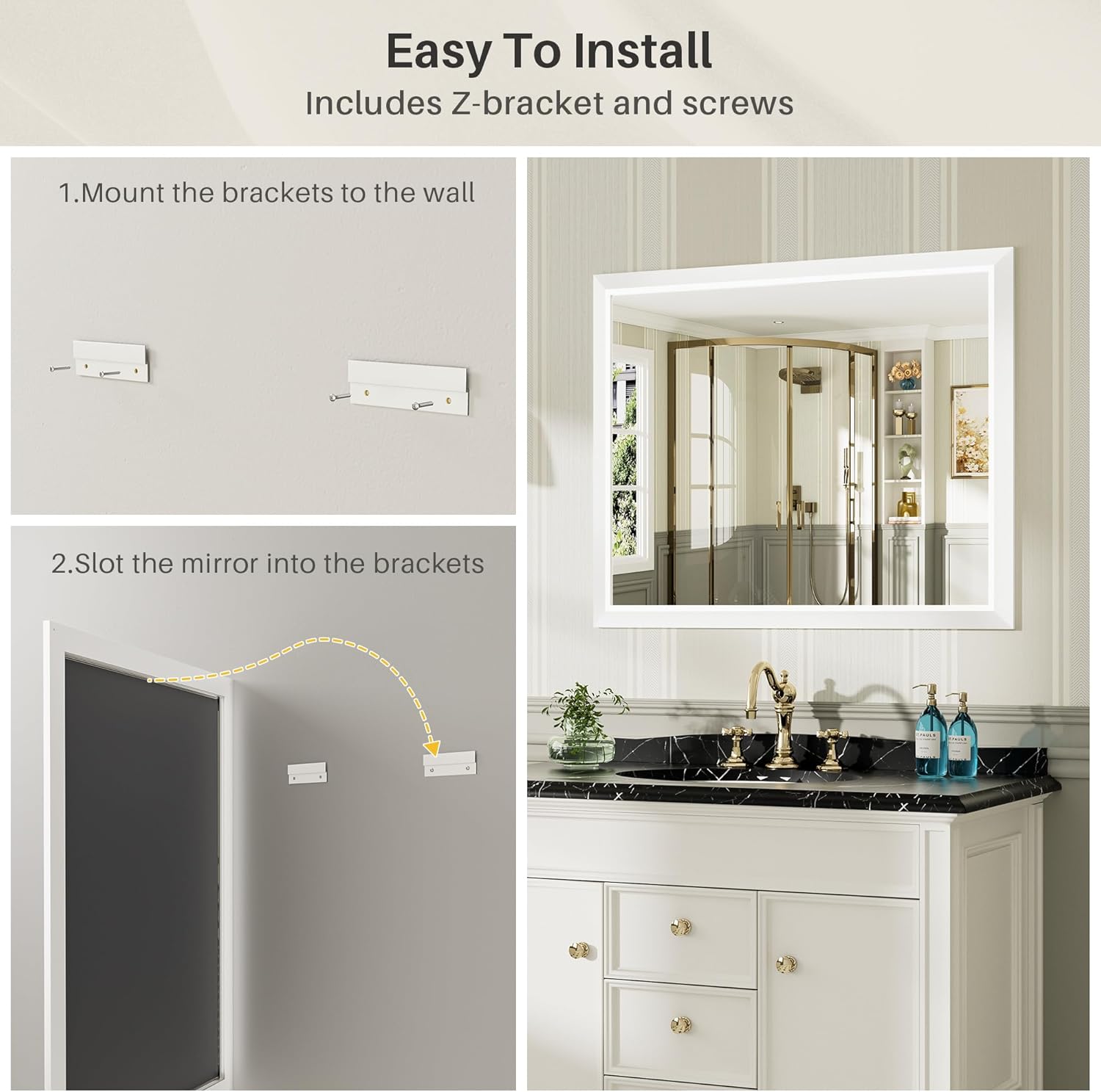 48x30 Inch White Bathroom Mirror for Wall, Thick Metal Framed Rectangle Mirrors for Over Sink, Bedroom, Living Room, Entryway, Anti-Rust, HD Tempered Glass