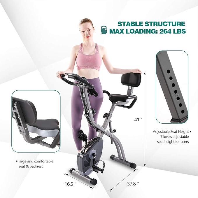 Exercise Bike 10 Levels of Adjustable Magnetic Resistance, Foldable and Quiet, with Arm Resistance Band