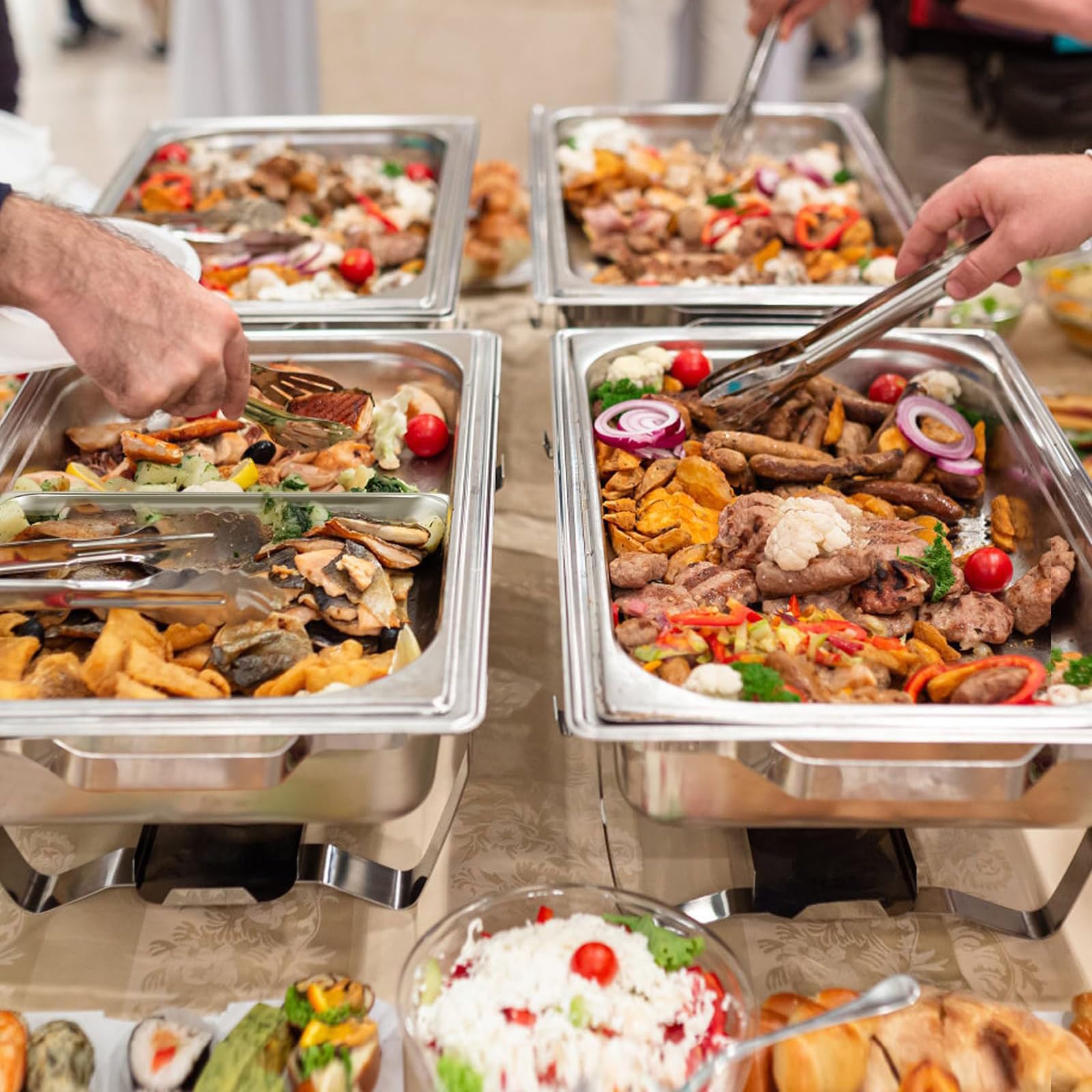 Juego de Buffet con Fiambrera de Acero Inoxidable de 11L, Contenedor para Calentar Agua y Comida con Cuenco, Tapa y Estufa de Alcohol, para Uso en Buffet, Banquete, Boda, Cena y Fi 2-Compartment, 11L