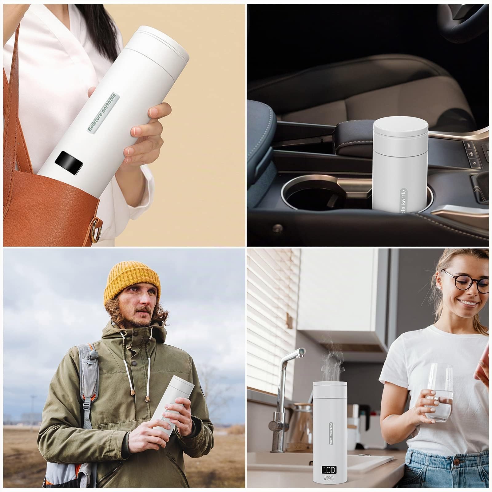 Flintronic Bollitore Elettrico Portatile, 380ML Bollitore da Viaggio, Bollitore Portatile Elettrico, con Display LCD per Tè Caffè Latte, Spegnimento Automatico/Protezione Contro l'ebollizione Secco