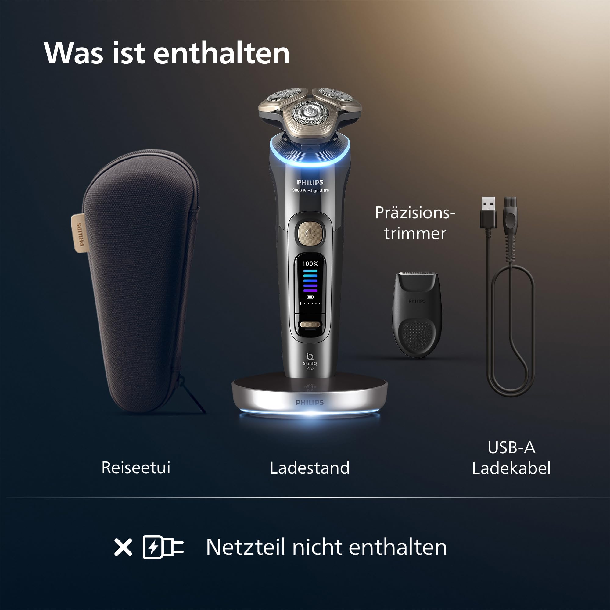 Philips Rasierer i9000 Prestige Ultra, elektrischer Nass- und Trockenrasierer für Herren, dunkelgrau, Druck- und Bewegungssensor, Trimmeraufsatz, Ladestation und Reiseetui (Modell XP9402/11)